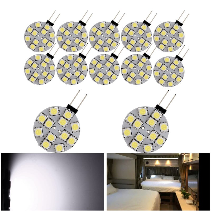 YM EBright YM E-Bright 12-Pack G4 Puck Lights LED Bulbs Side Pin Base White Round G4 5050 12SMD LED RV Camper Light Bulb Home Reading Light Marine Lamps DC 12V - Image 1
